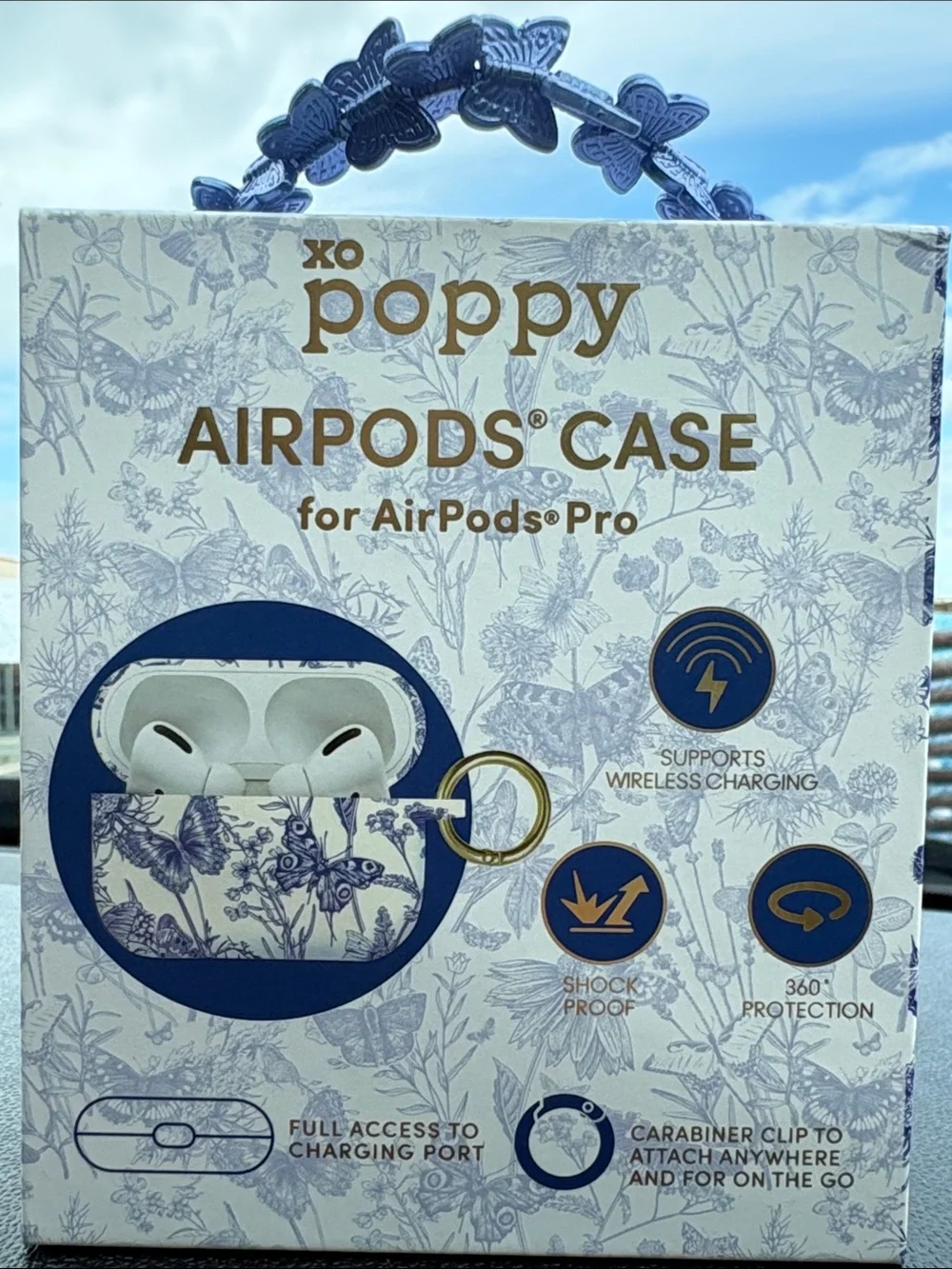 🦋 XO Poppy Floral Butterfly AirPods Pro Case Blue on White Gold Clip NWT